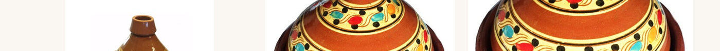 Drie Marokkaanse aardewerk tajines naast elkaar: Ø 26 cm voor 2–3 personen, Ø 30 cm voor 3–5 personen en Ø 35 cm voor 4–6 personen