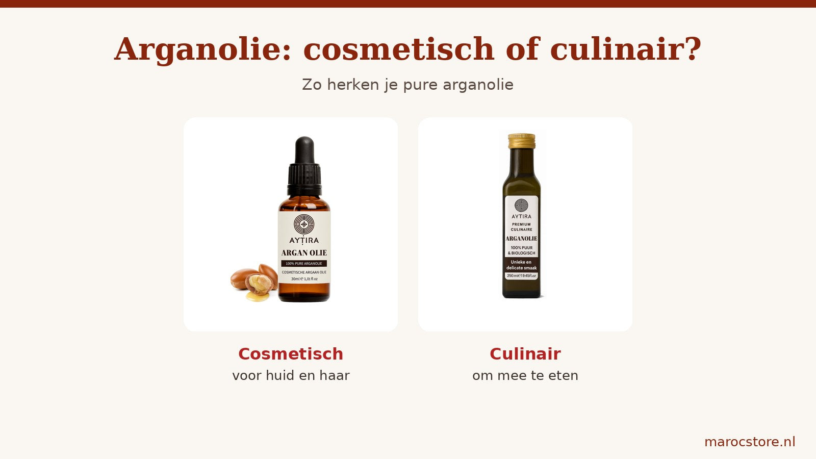 Een flesje cosmetische arganolie met pipet naast een fles culinaire arganolie van AYTiRA