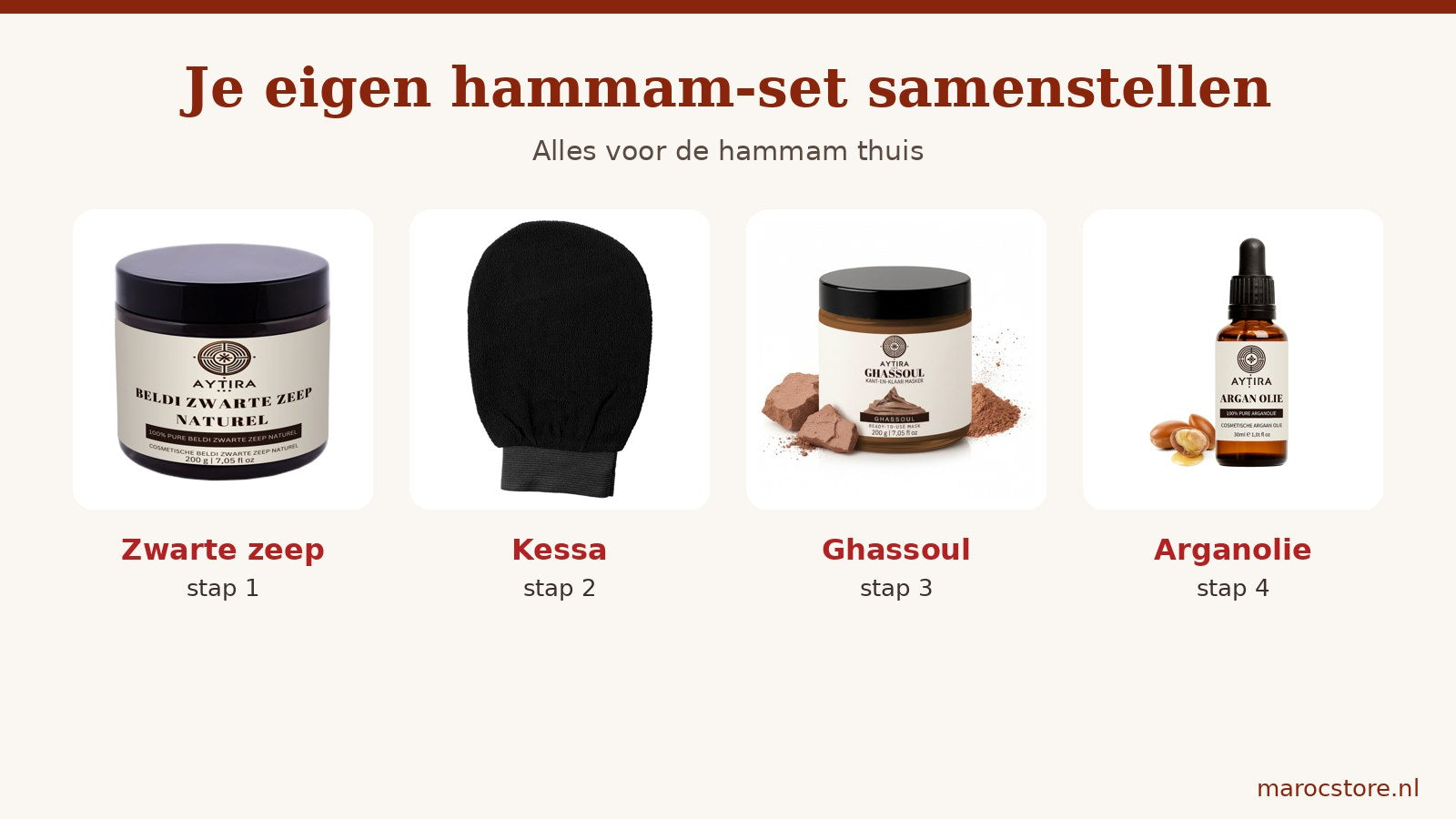 Hammam-producten op een rij: AYTiRA zwarte zeep naturel, een zwarte kessa scrubhandschoen, ghassoul masker en arganolie