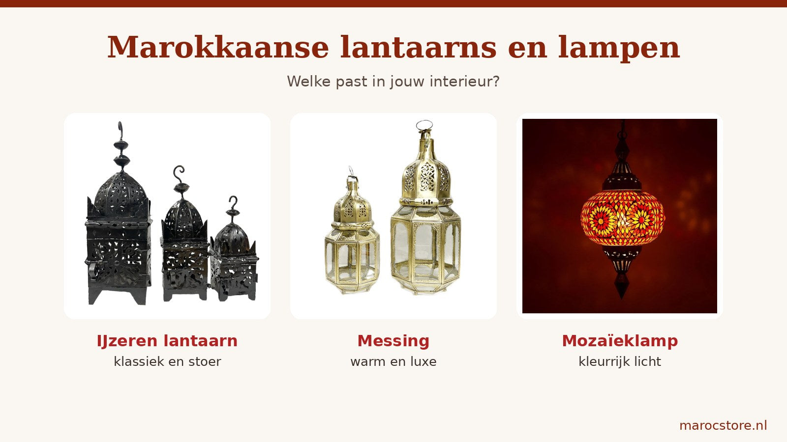 Een zwarte ijzeren Marokkaanse lantaarn, een messing lantaarn met glas en een kleurrijke oosterse mozaïek hanglamp naast elkaar
