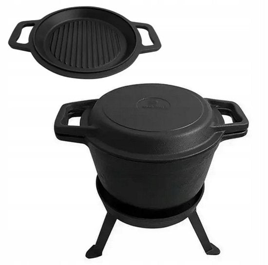 Kinghoff KH1733 Cast Iron Camping Pot Set - 3-in-1 - 8 Liters - Suitable for Fire, Stovetop & Oven - Incl. Grill Lid & Stand - Camping