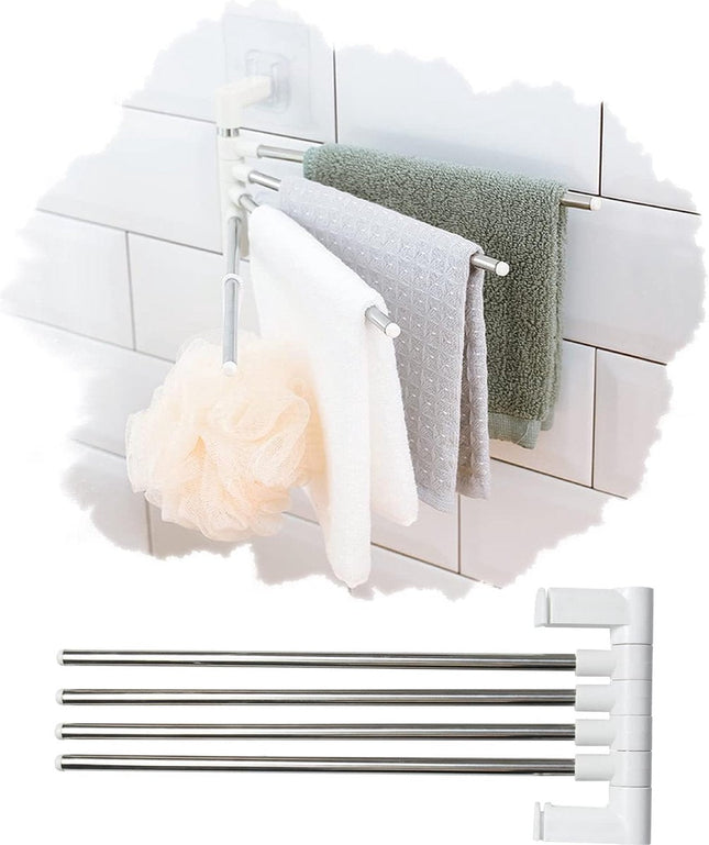 Porte-serviettes adhésif - 4 bras rotatifs - Acier inoxydable - Pour salle de bain et cuisine