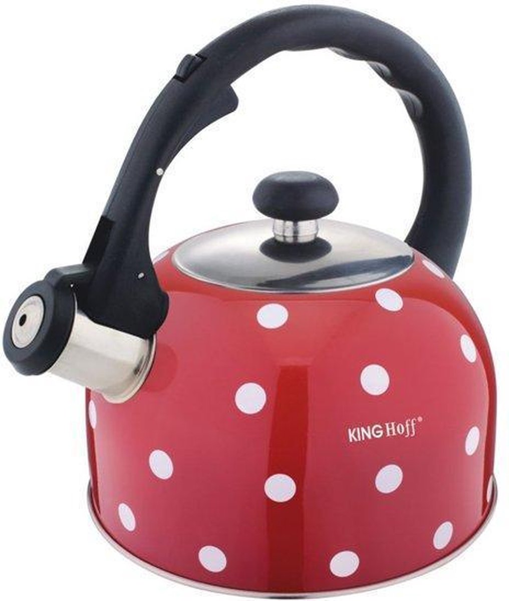 Kinghoff fluitketel rood met stippen – RVS, 2 liter, ook inductie