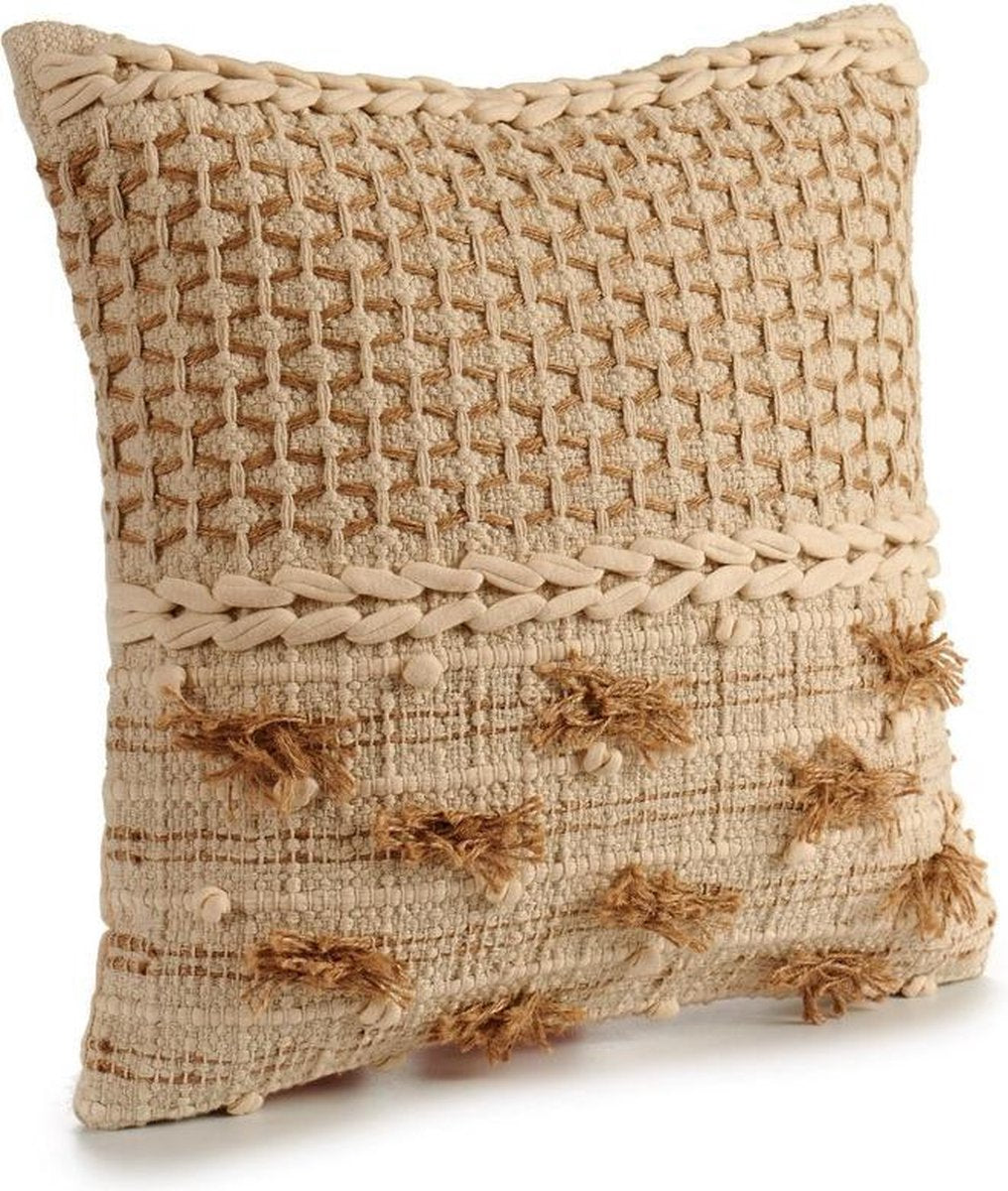 Dekoratives beiges Strickkissen mit Mustern und Baumwollquasten in Beige und Braun. Maße 45 x 15 x 45 cm