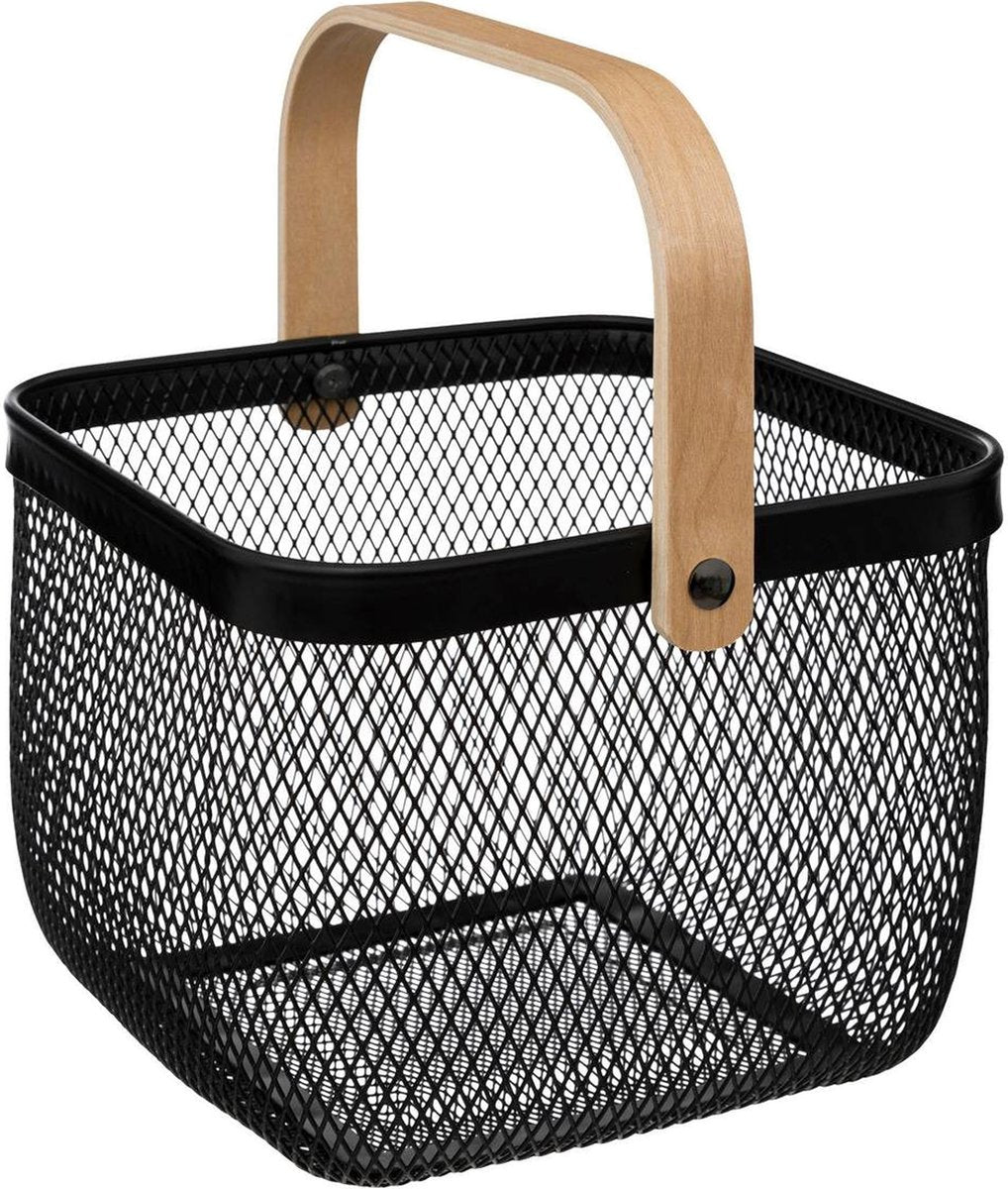 5Five wire basket/fruit bowl Maya - square - black - 26 x 26 x 18 cm - metal/wood - kitchen basket