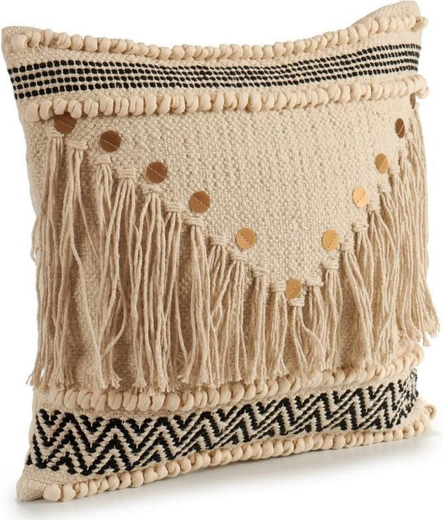 Beige gebreid sierkussen met pailletten en franjes – 45 x 15 x 45 cm