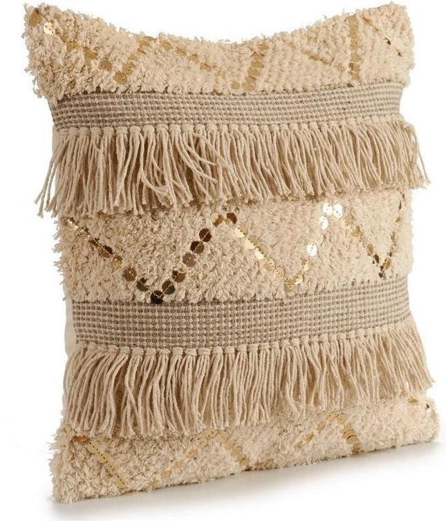 Gebreid sierkussen beige met witte motieven, pailletten en franjes – 45 cm