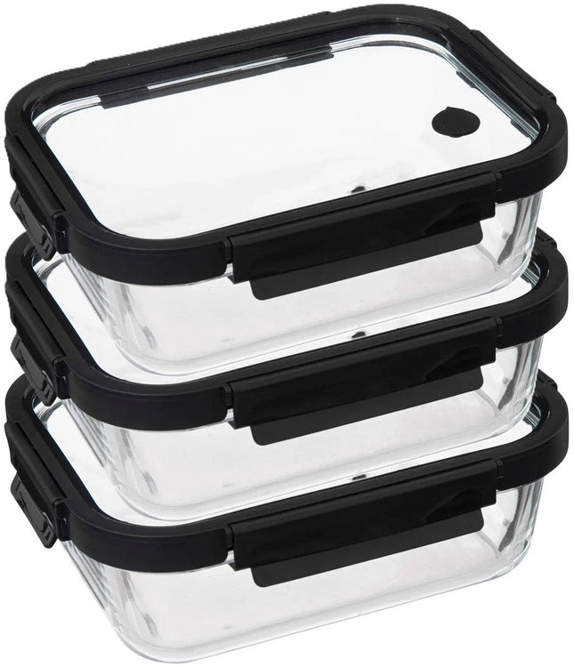 5Five Food storage container with lid - 3x - glass - airtight - with clips - 23 x 18 x 8 cm - 1300 ml - black / transparent