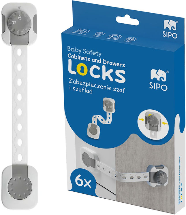 SIPO Sicherheitsschloss für Schränke und Schubladen - 6 Stück - Multifunktionale Kindersicherung mit Smart-Lock - Weiß - Verstellbar