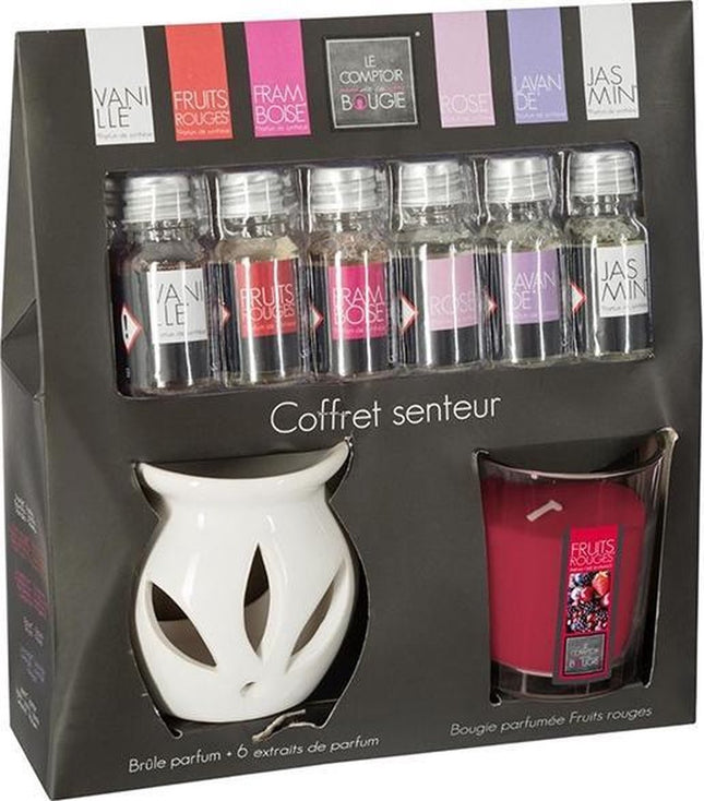 Scented candle - oil burner + 6 bottles of perfume oil - scented oil - vanilla - rose - jasmine - raspberry - lavender - red fruit