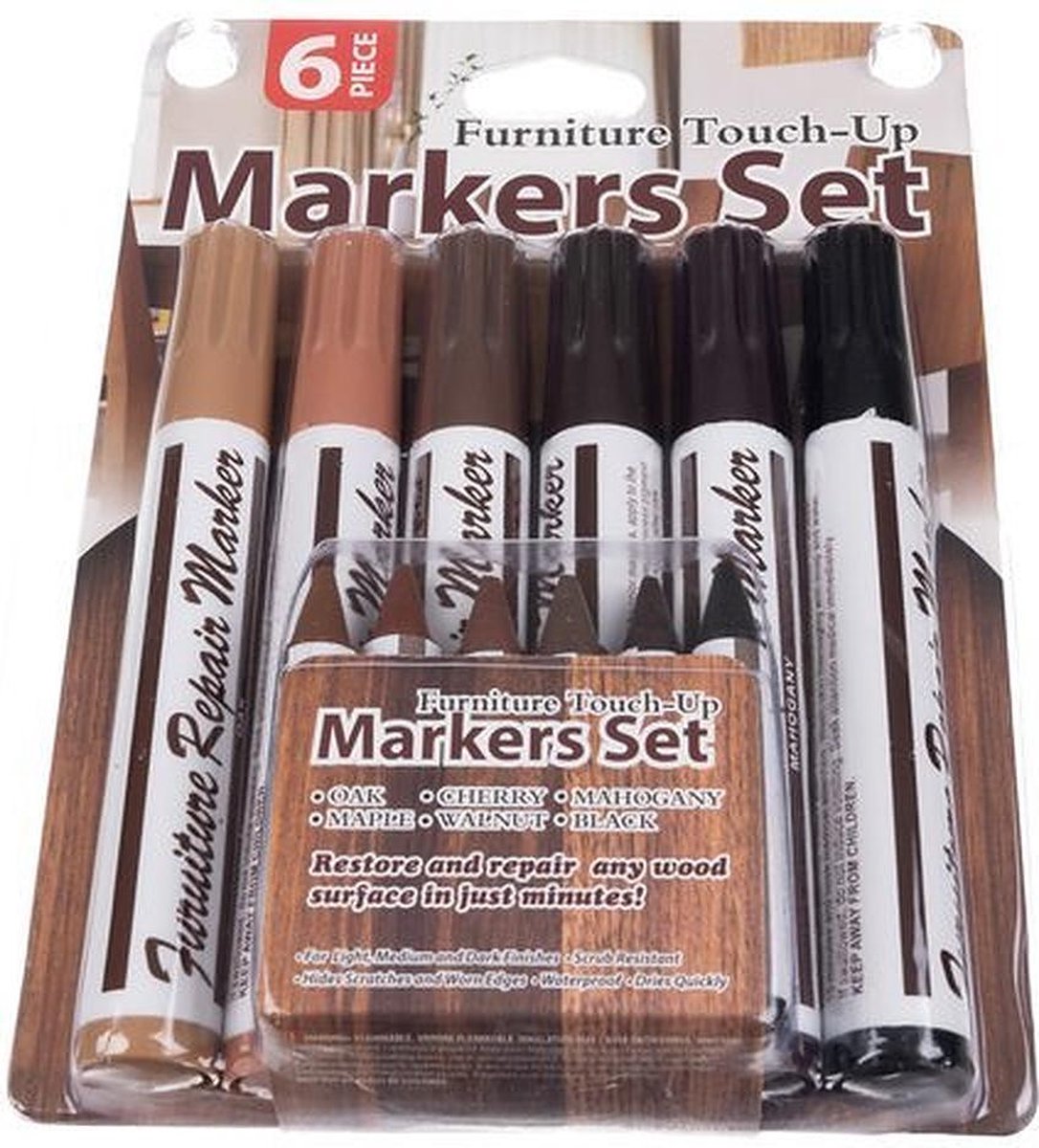 Set de marqueurs - Feutres de réparation pour meubles - 6 feutres - 6 bâtons de cire