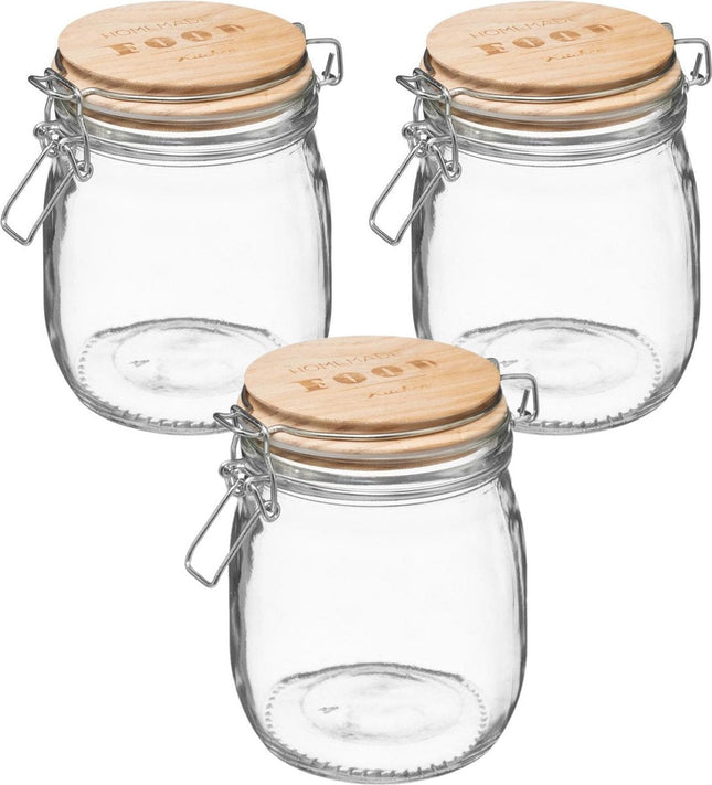 3x storage jars / canisters 0.75L glass with wooden lid and clip closure - 750 ml - Storage jars with airtight seal
