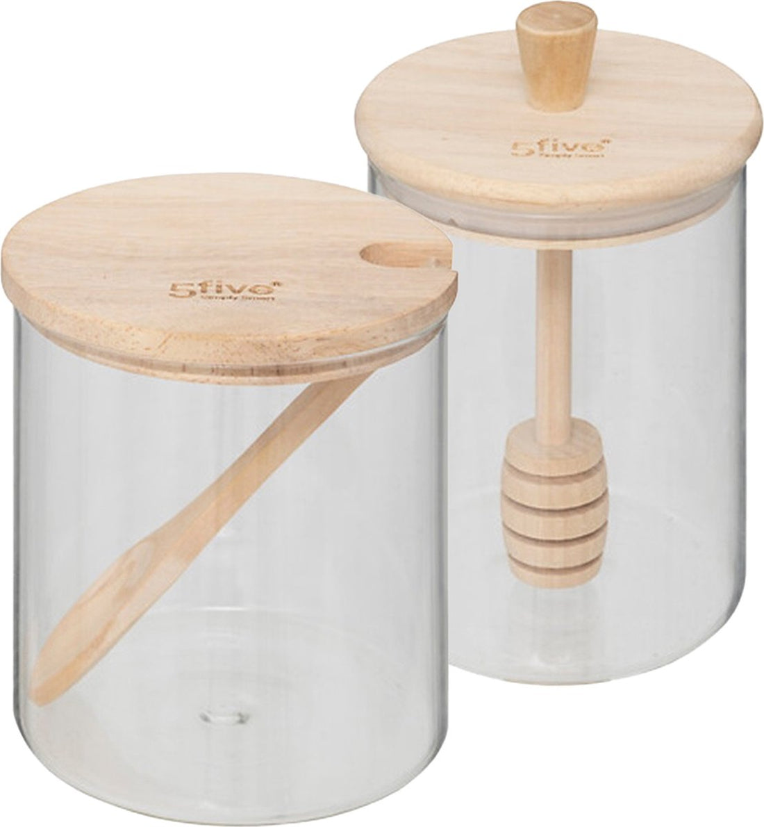 Five sugar and honey pot set - 400 ml - glass/bamboo - transparent - includes spoon