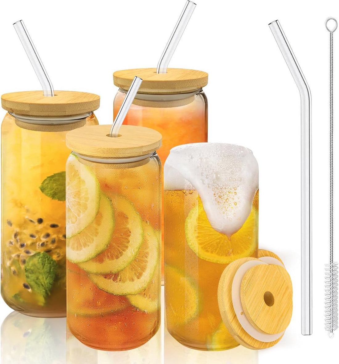 Bubble Tea Glass Set - 4 Pieces 500 ml with Lid and Straw