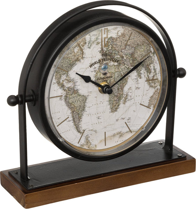 Horloge de table Atmosphera Earth Map - noir - H 21 cm - Diamètre horloge 16 cm - verre / métal / MDF - sur pied