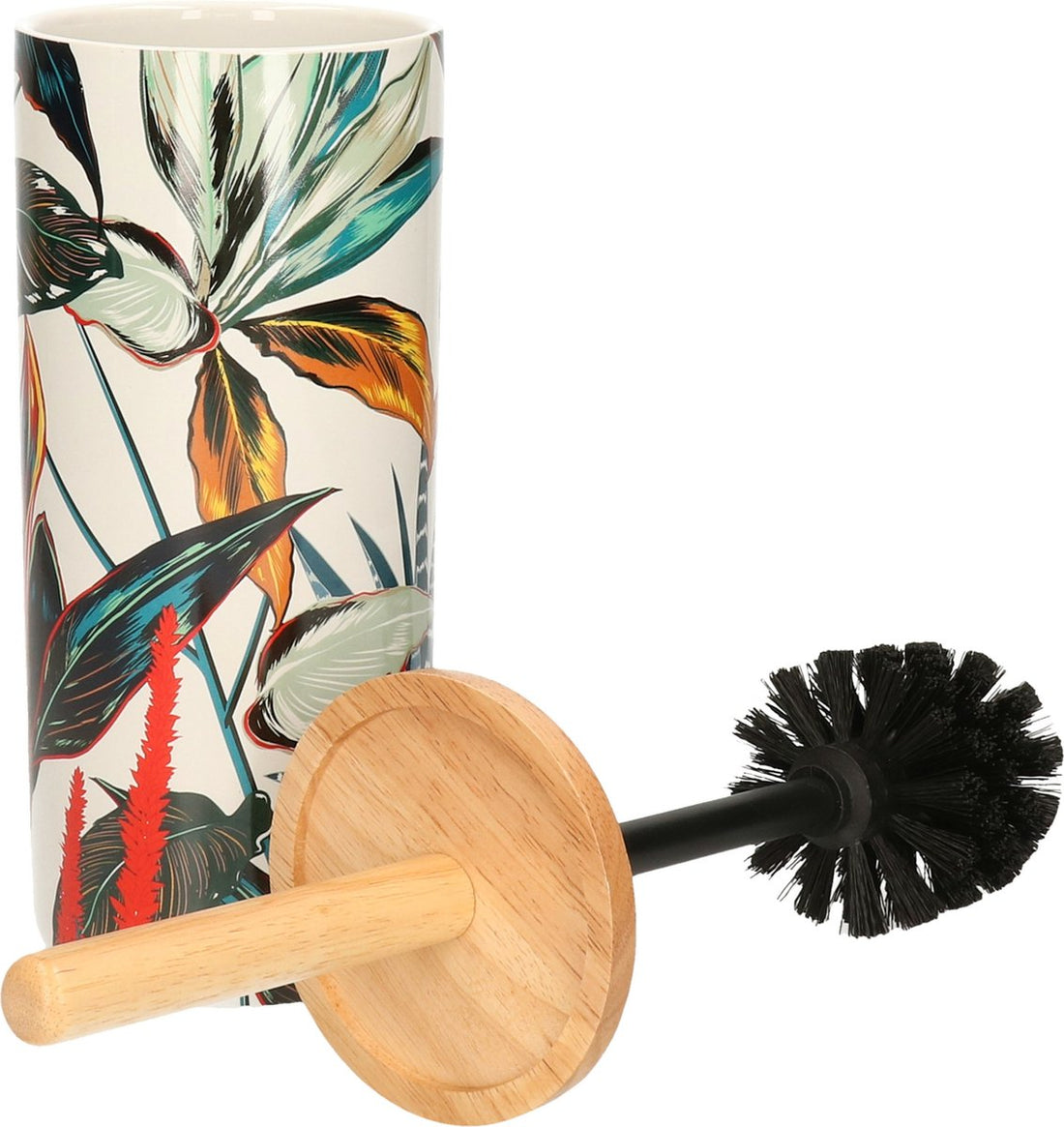 5Five toiletborstel met houder – rond, wit met tropisch bladpatroon, 38 cm
