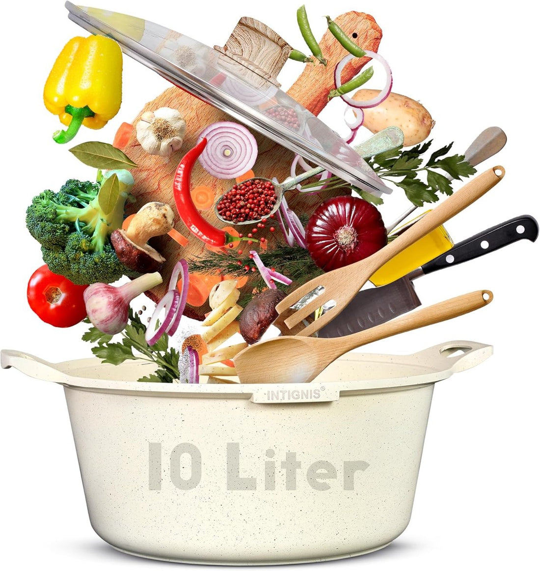 INTIGNIS® Casserole with Lid – 32 cm (10 liters) – GREBLON Ceramic Non-Stick Coating – Suitable for Induction, Gas & Electric – Includes Glass Lid – White
