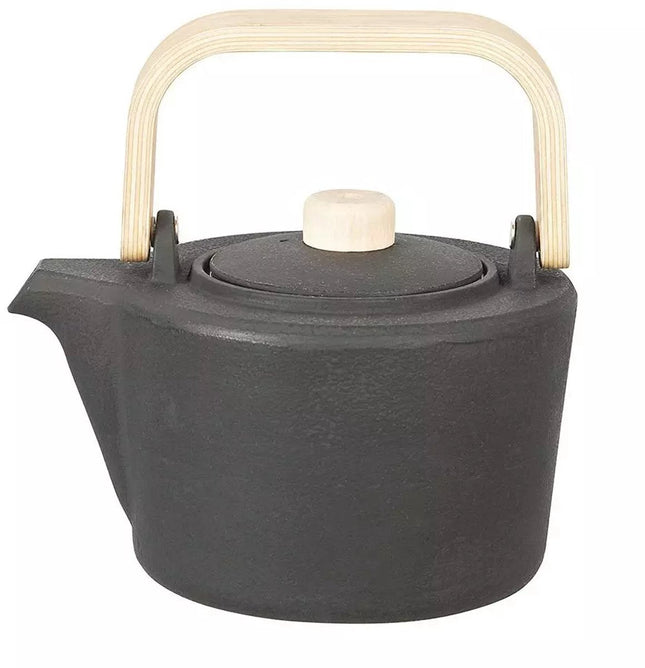 Kinghoff Cast Iron Teapot with Filter - 1.3 Liters, Black, Wooden Handle and Lid Knob, High-Quality Stainless Steel Filter, Traditional Design