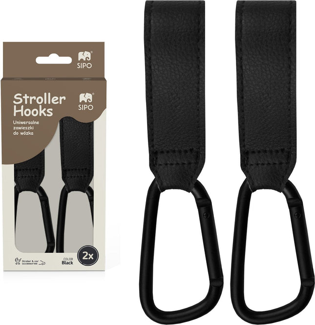 Sipo SCA-12 Universal Stroller Hooks - Set of 2 - Eco Leather Design - Shopping Hook - Up to 5kg Load Capacity - Carabiner - Bag Carrier - Stroller