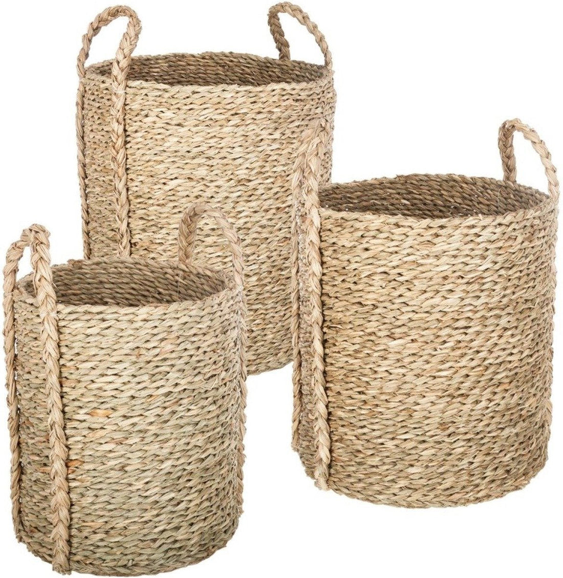 Round, tall decorative baskets with wicker handles, set of 3