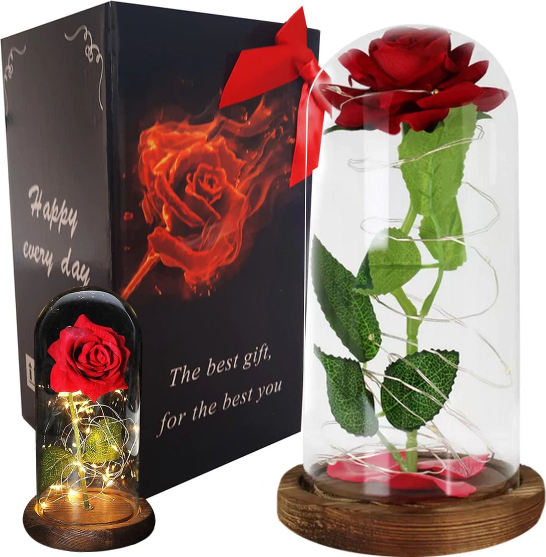 Forever Rose in glazen case – rode kunstroos met ledverlichting