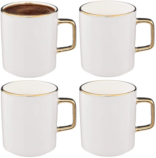 Secret de Gourmet Koffiemokken Athena - 4x stuks - Keramiek - wit / goud - 350 ml - 8 x 9 cm