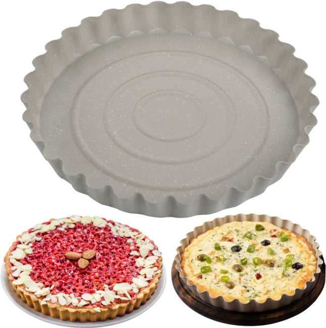 KINGHoff Kuchenform 28 cm – Marmordesign Beige – Ofenfest bis 220°C – Für Kuchen und Quiches – Backform – Auflaufform – Springform