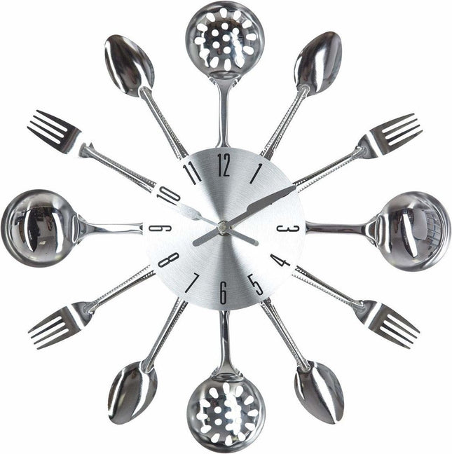 Zilveren keukenklok Cutlery met vork en mes als wijzers – 38 cm