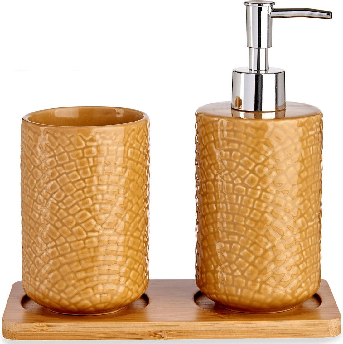 3-piece bathroom accessory set camel brown relief ceramic - Soap dispenser - Tumbler - Tray