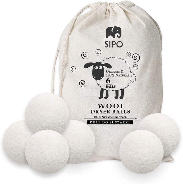 6x Wollen Droger Ballen - 100% Biologische Merinowol - Incl. Opbergzak - Wasverzachter Vervanger - Milieuvriendelijk & Energiebesparend - Sipo