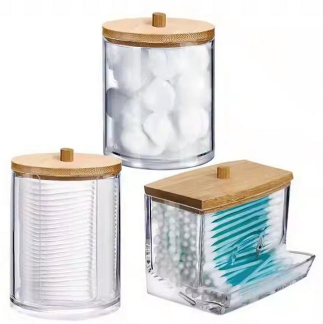 Set van 3 wattenhouders met houten deksel – badkamerorganizer