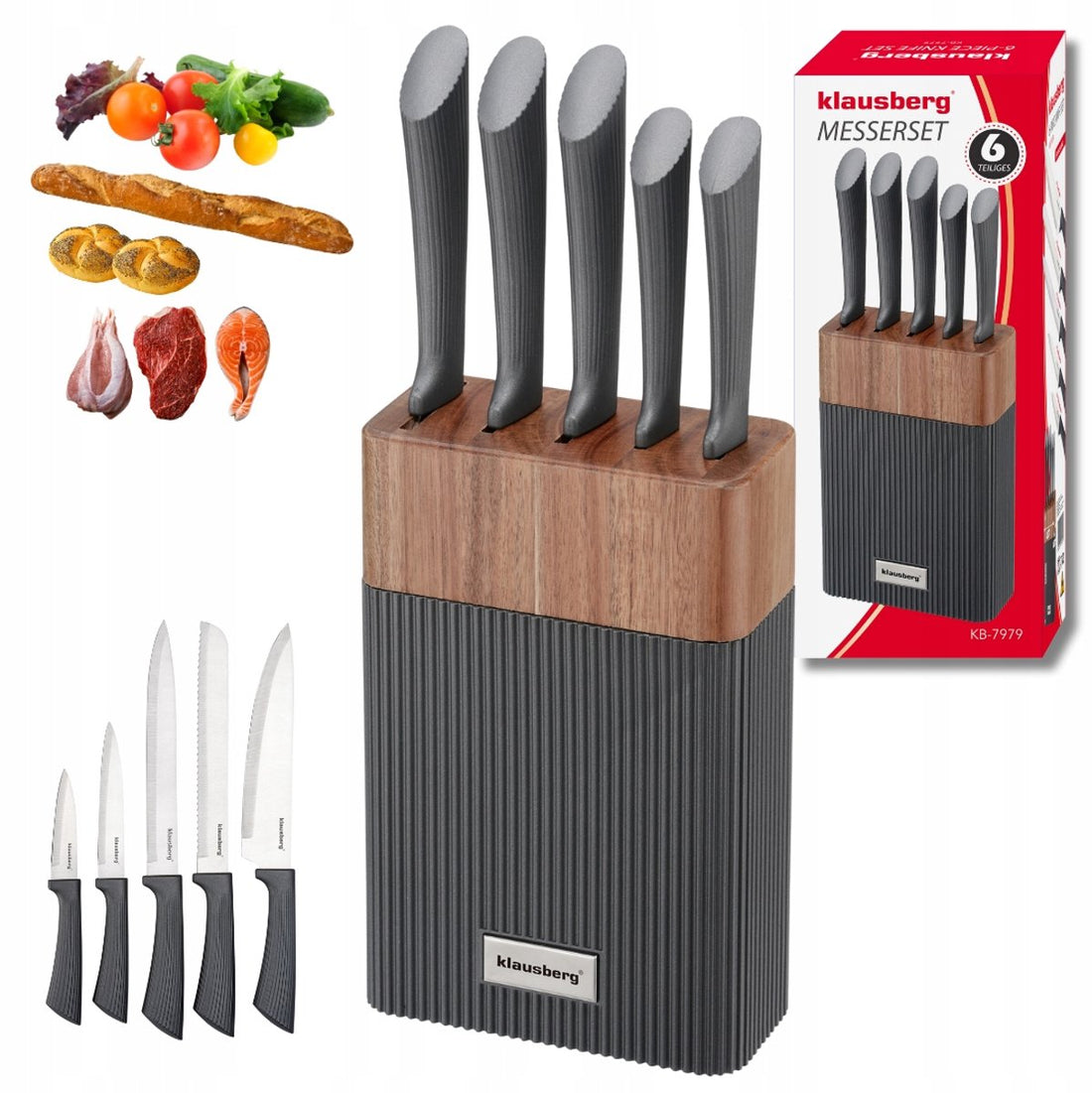 KLAUSBERG 6-Piece Knife Set – Acacia Wood Block – Stainless Steel – Grey Non-Slip Handles – KB-7979