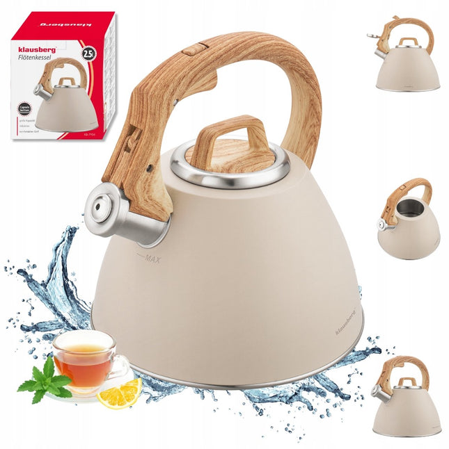KLAUSBERG KB-7954 Bouilloire sifflante 2,5 L – Beige mat – Poignée aspect bois – Inox – Soft-Touch – Induction