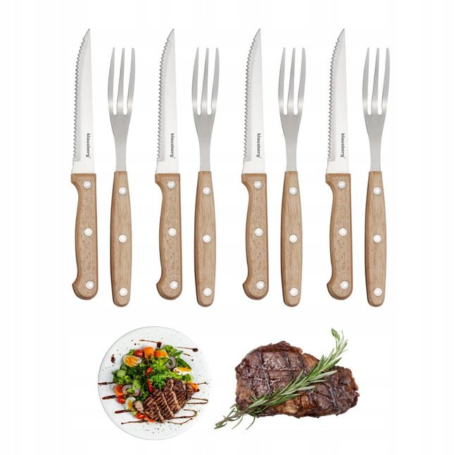 KLAUSBERG 8-teiliges Steak- & BBQ-Set – 4 Steakmesser + 4 Gabeln – Edelstahlklingen – Holzgriffe – KB-7976