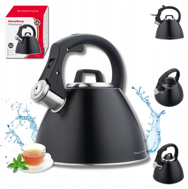 KLAUSBERG KB-7952 Bouilloire siffleuse 2,5 L – Noir mat – Poignée Soft-Touch – Induction – Inox – Avec sifflet