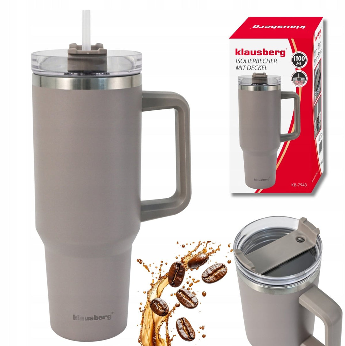 Klausberg KB-7943 Thermal Mug - 1100 ml - Beige - Double-Walled Insulation - With Handle and Drinking Lid - Travel Mug - Insulated Cup - Thermos Flask