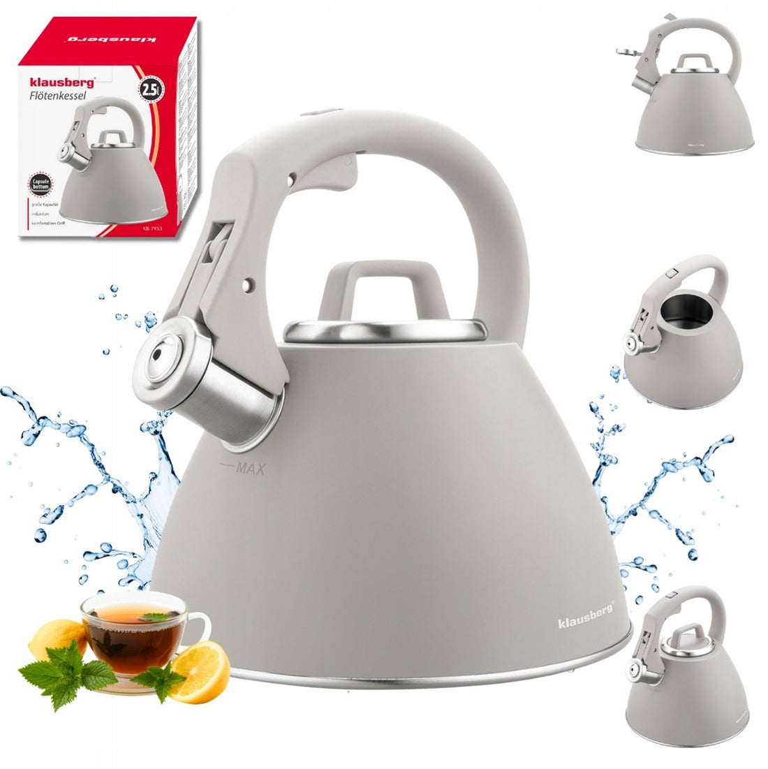 KLAUSBERG KB-7953 Whistling Kettle 2.5 L – Latte Beige Matte – Stainless Steel – Soft-Touch – Induction – With Whistle