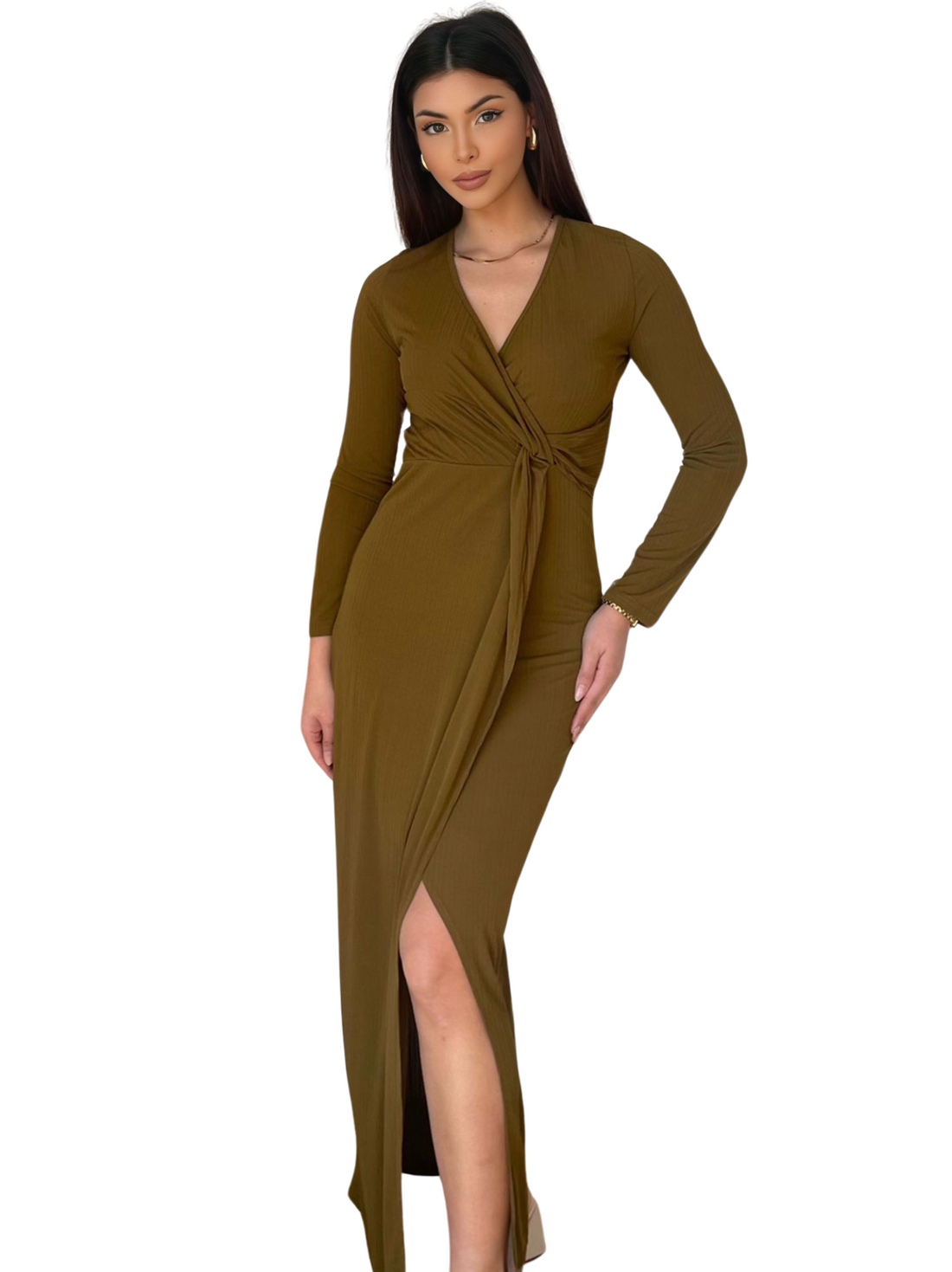 Donna Dress – damesjurk in taupe of olijfgroen, maat S, M en L – foto 9