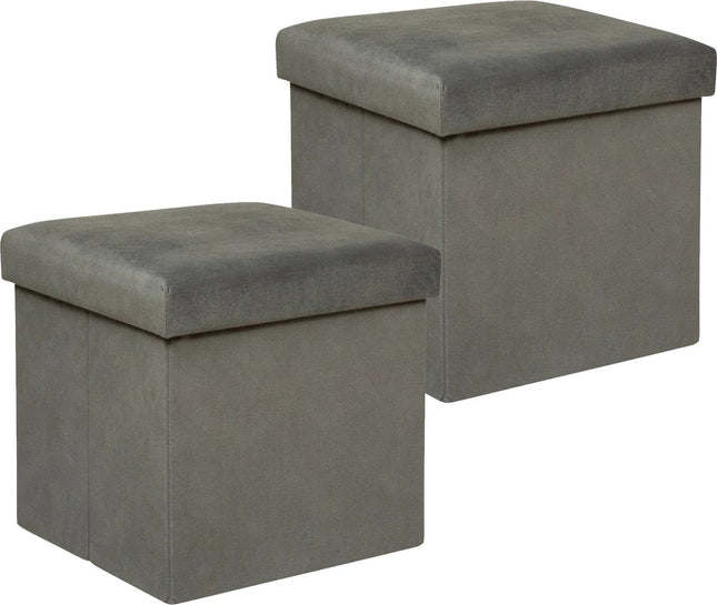 Atmosphera Poef / krukje / hocker Amber - 2x - Opvouwbare zit opslag box - fluweel Donkergrijs - D38 x H38 cm - MDF / polyester