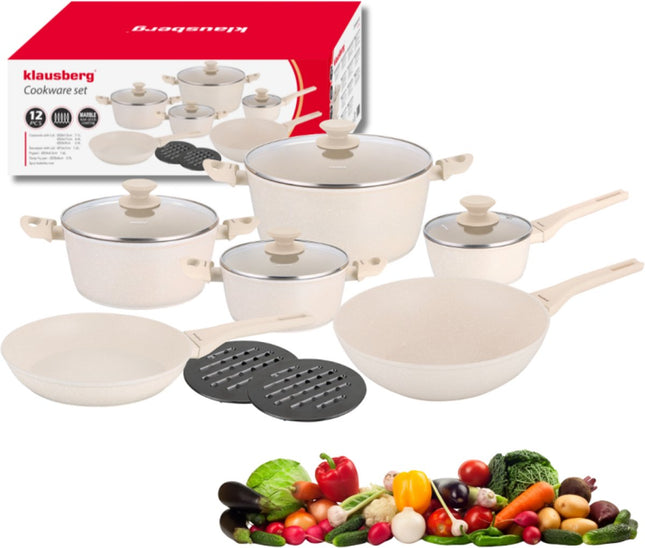 Klausberg KB-7959 pannenset 12-delig beige – marmeren antiaanbaklaag, inductie