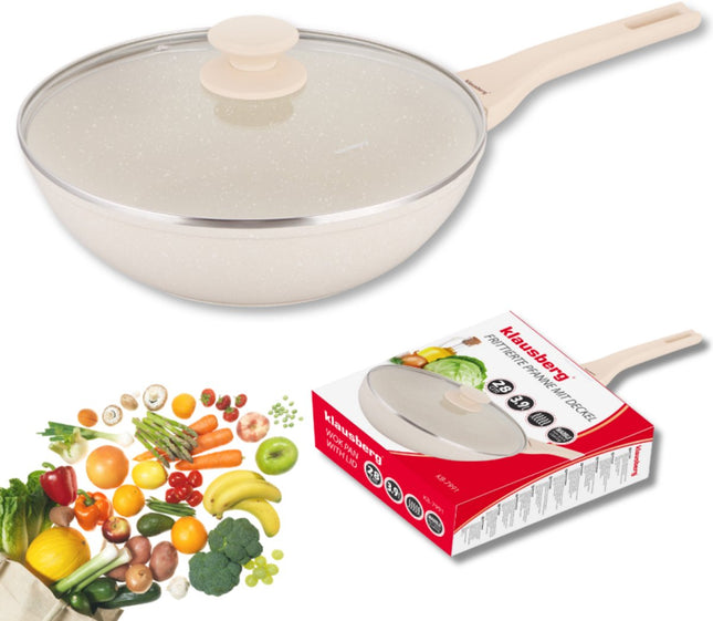 Klausberg Wokpan 28 cm met Deksel – Marble Coating – Inductie Geschikt – Diepe Hapjespan 3,9 L – Crème – KB-7991