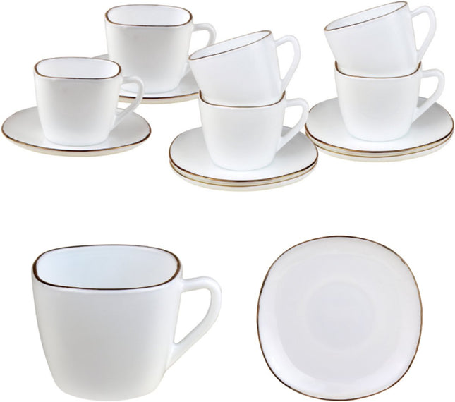 KingHoff Quadratische Tassen- und Untertassenset 12-teilig - Weiße Opalglas-Kaffeetassen mit Goldrand - 220 ml - Modernes Design - Kaffeeservice-Untertassenset