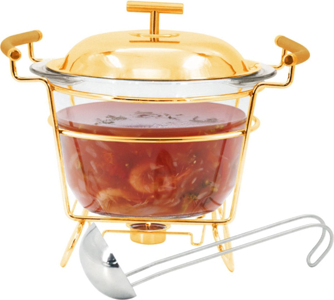 Glazen soepterrine 4 liter met waxinelichthouder en soeplepel – goud