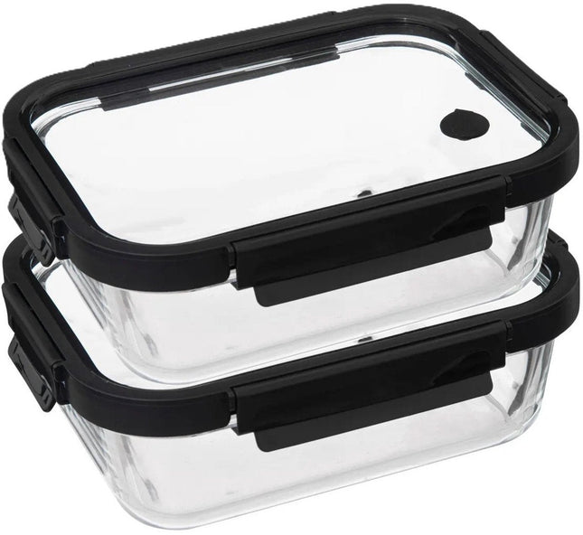 5Five Food storage container with lid - 2x - glass - airtight - with clips - 23 x 18 x 8 cm - 1300 ml - black / transparent