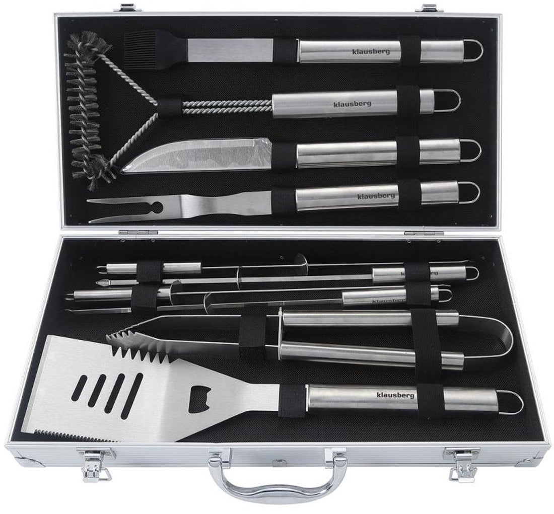 Klausberg KB-7901 Grillzubehör-Set – 10-teiliges Grillbesteck im Koffer (Edelstahl, Komplett) – Grillzangen-Set – Geschenkset – BBQ-Set – Kamado / Gasgrill