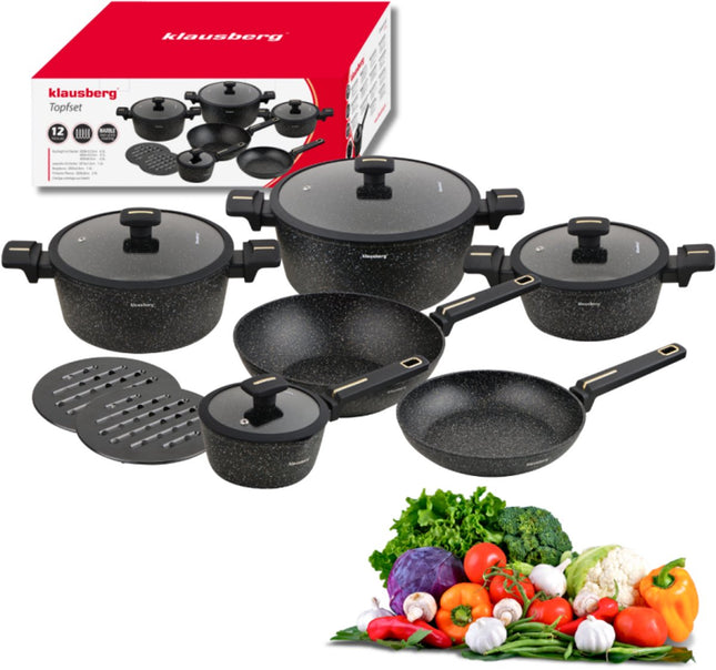 Klausberg KB-7968 Topfset | 12-teilig | Marmor-Antihaftbeschichtung | Inklusive Wokpfanne | Induktionsgeeignet | Topf-Set | Glasdeckel