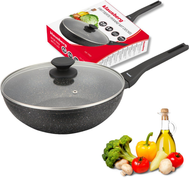Klausberg Wokpan 28 cm met Deksel – Marble Anti-aanbaklaag – 3,9 L – Inductie Geschikt – Aluminium Wok – Met Glazen Deksel – KB-7990