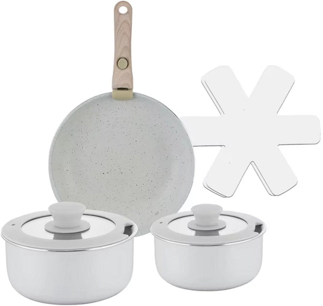 8-Piece Cookware Set – Elegant White – Ultra Non-stick with Detachable Wooden Handle – Suitable for All Heat Sources
