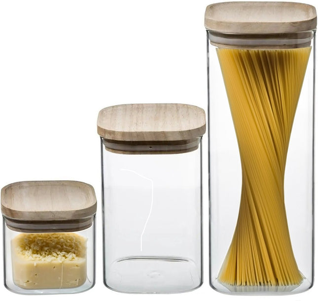 Set van 3 glazen voorraadbussen met houten deksel – 500, 1000 en 1800 ml