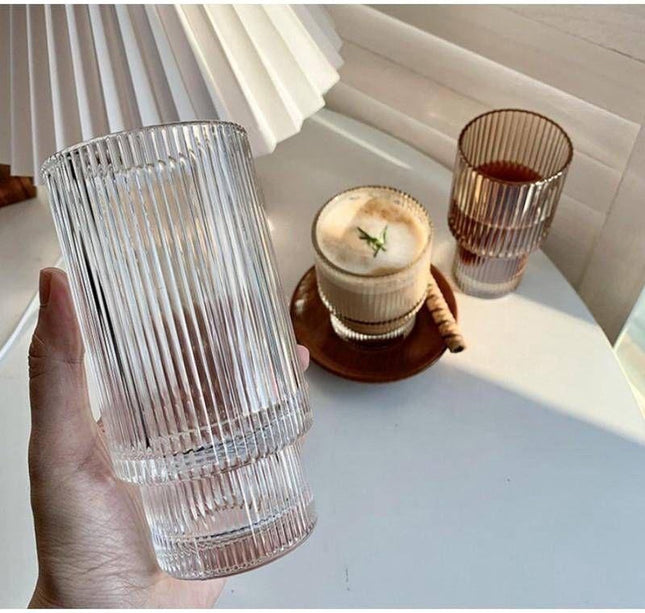 Set of Ribbed Highball Glasses - Relief - Ridged - Stackable - Transparent - Glass - 6 Pieces - 300 ml